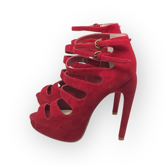 Leon Max 𖣴 Link Suede Platform Gladiator Stilettos Heels 𖣴 Fire Engine Red 𖣴 SJP - Picture 6 of 16